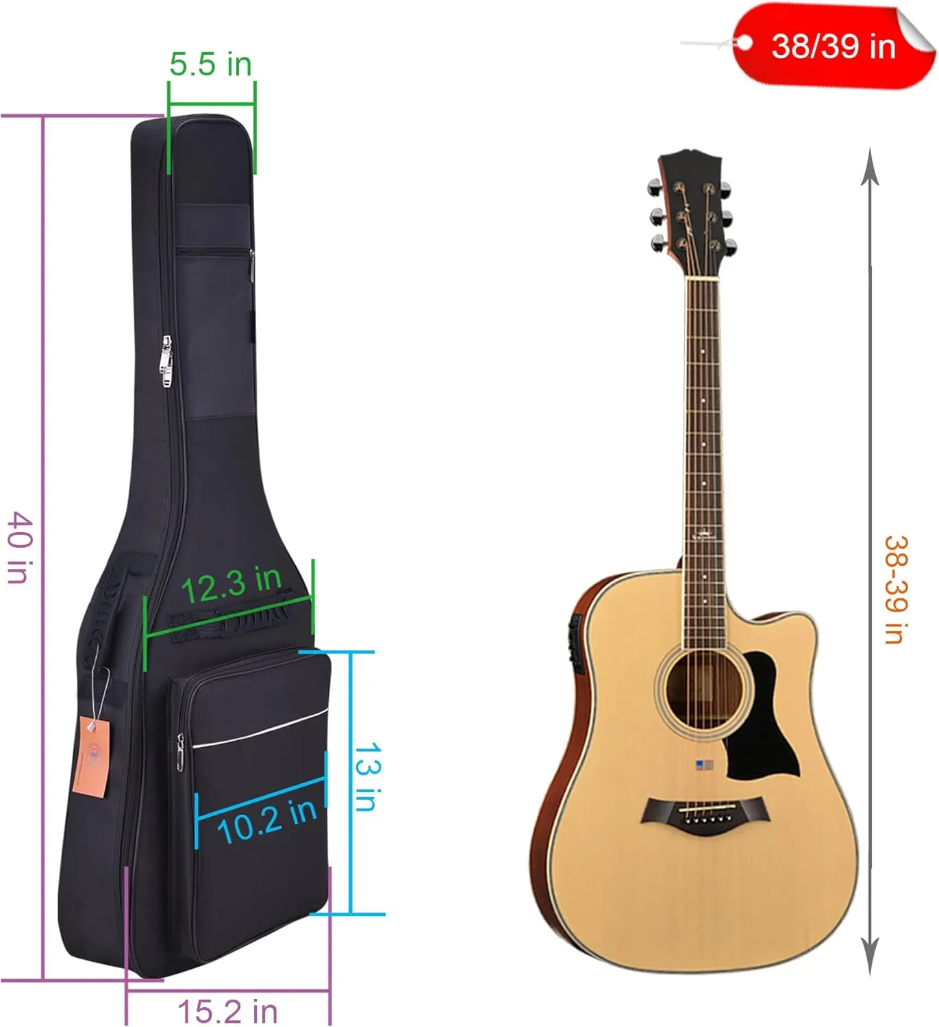 Guitar Bag 39 Inch Acoustic Gig Bag Soft Case 0.35 Inch Thick Padding Classical Guitar Backpack Larger Pocket with Back Hanger Loop and Neck Strap
