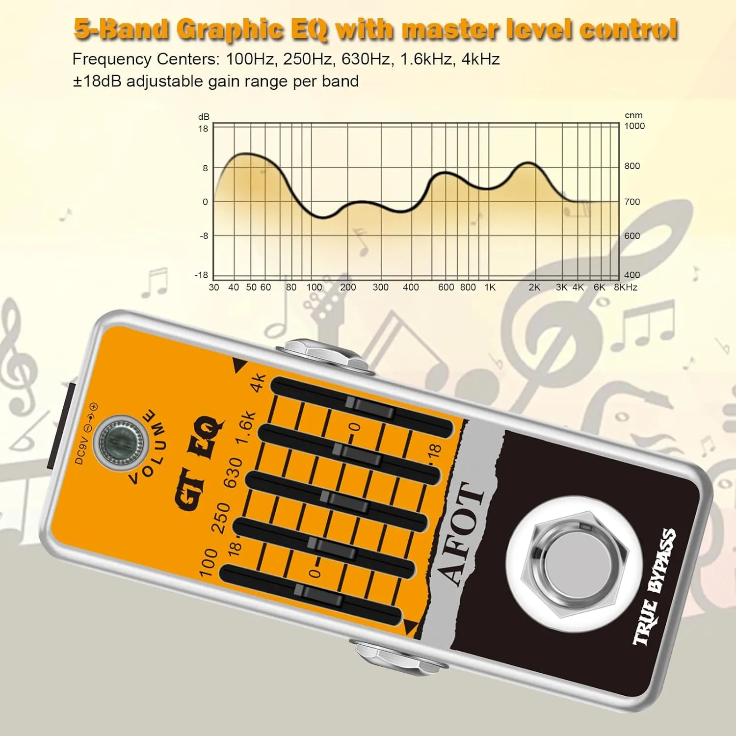 Guitar EQ Pedal, 5 Band GT EQ Pedal Electric Guitar Equalizer (100Hz 250Hz 630Hz 1.6kHz 4kHz) Provides ±18dB for Each Band EQ Seeker for Guitar,Mini Size True Bypass