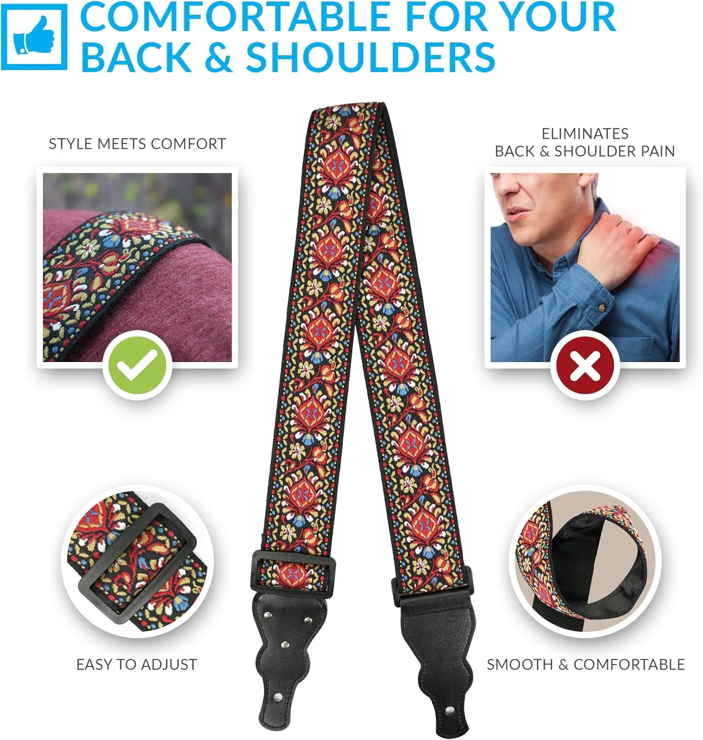 Guitar Strap For Acoustic, Electric and Bass Guitar, Red Woven Vintage Embroidered Adjustable Strap Includes 2 Strap Locks To Keep It Safe & 2 Unique Picks and Pick Pocket, Best Gift for Men & Women