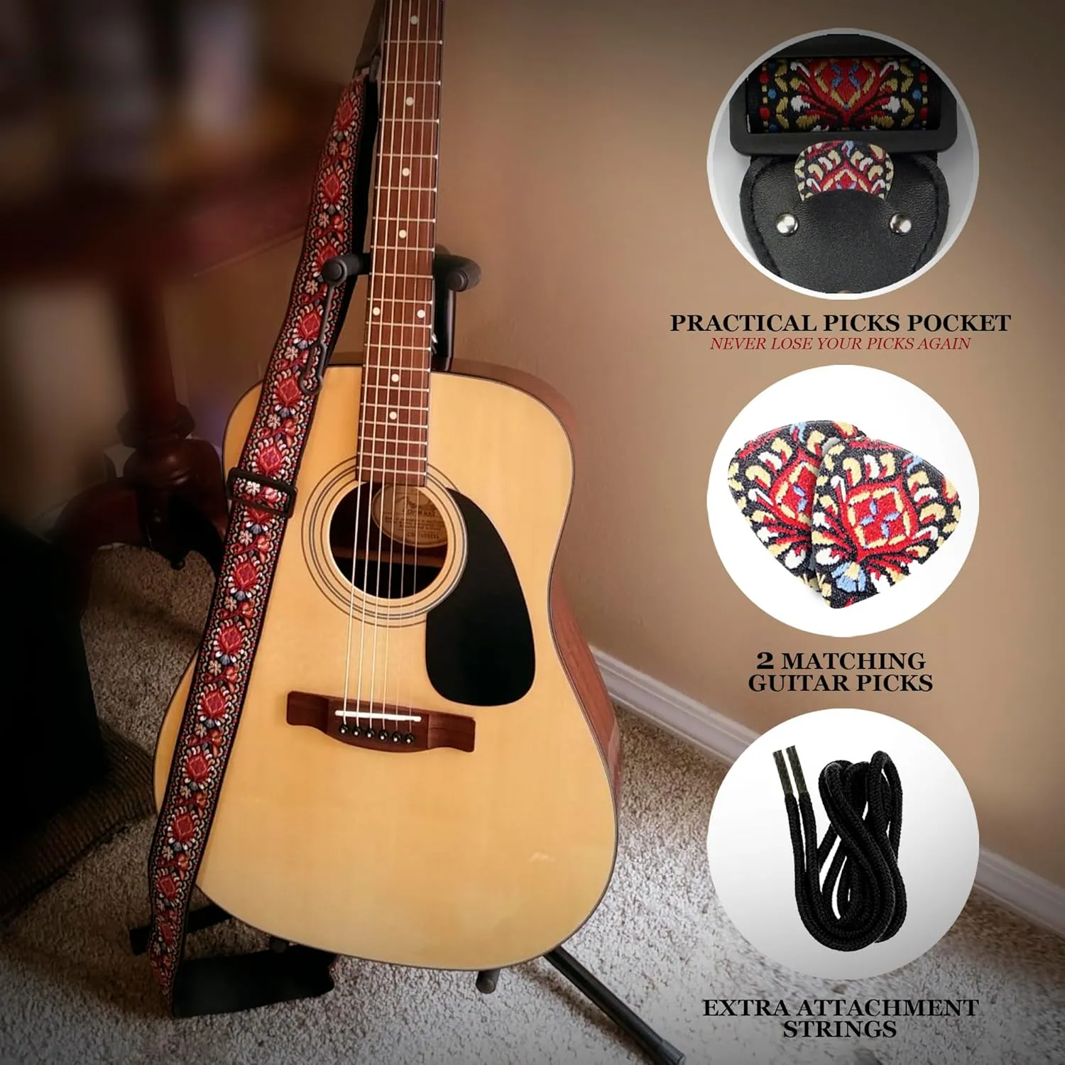 Guitar Strap For Acoustic, Electric and Bass Guitar, Red Woven Vintage Embroidered Adjustable Strap Includes 2 Strap Locks To Keep It Safe & 2 Unique Picks and Pick Pocket, Best Gift for Men & Women