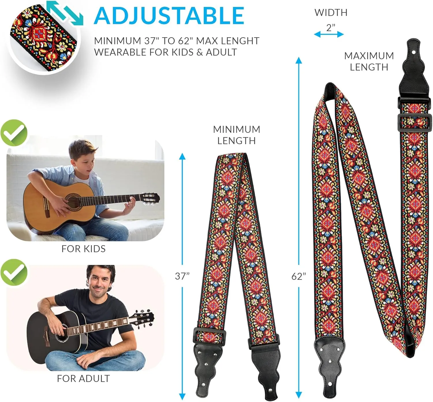 Guitar Strap For Acoustic, Electric and Bass Guitar, Red Woven Vintage Embroidered Adjustable Strap Includes 2 Strap Locks To Keep It Safe & 2 Unique Picks and Pick Pocket, Best Gift for Men & Women