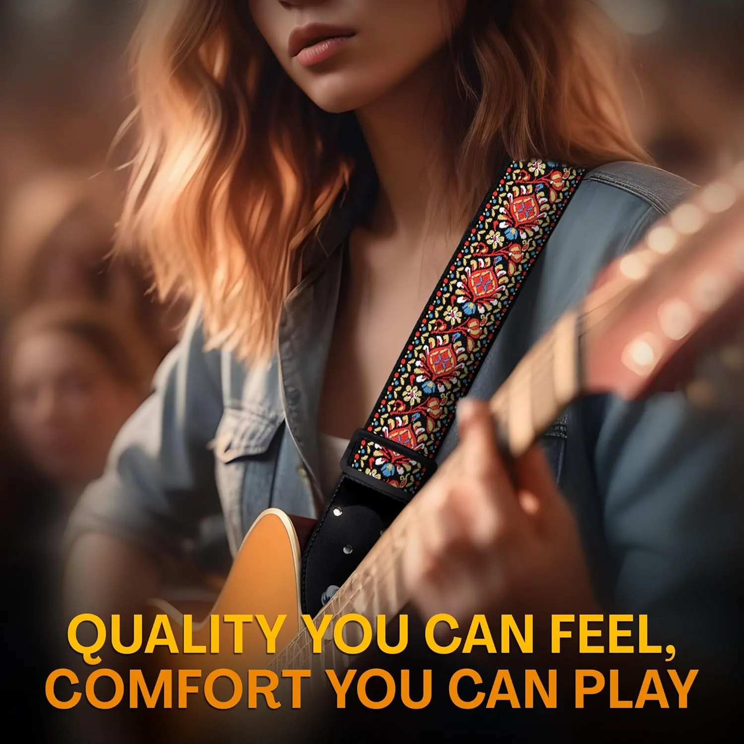 Guitar Strap For Acoustic, Electric and Bass Guitar, Red Woven Vintage Embroidered Adjustable Strap Includes 2 Strap Locks To Keep It Safe & 2 Unique Picks and Pick Pocket, Best Gift for Men & Women