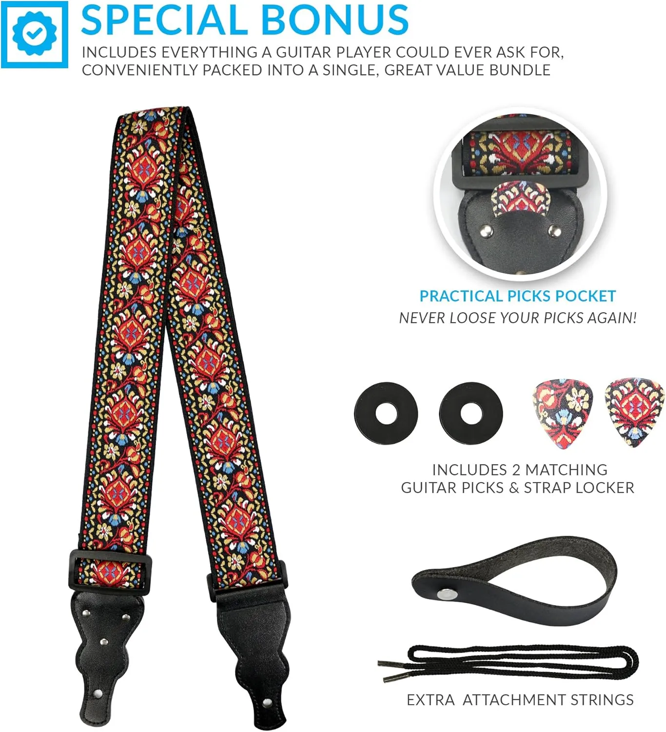 Guitar Strap For Acoustic, Electric and Bass Guitar, Red Woven Vintage Embroidered Adjustable Strap Includes 2 Strap Locks To Keep It Safe & 2 Unique Picks and Pick Pocket, Best Gift for Men & Women