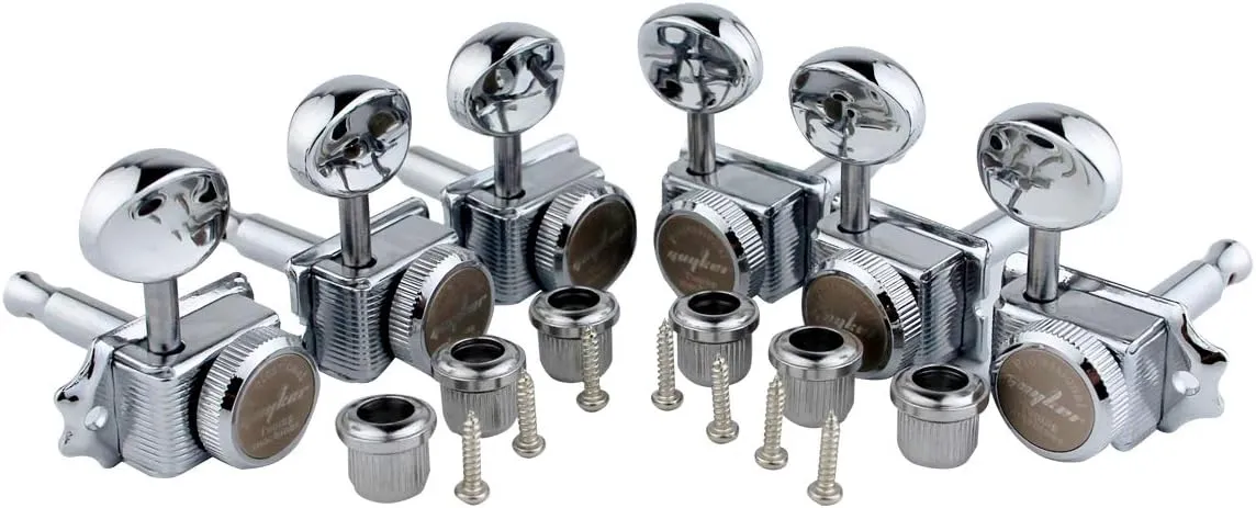 Guyker 6 Inline Vintage Guitar Lock String Tuners – Locking Tuning Key Pegs Machine Heads Replacement for ST TL Style Electric, Folk or Acoustic Guitars – Chrome