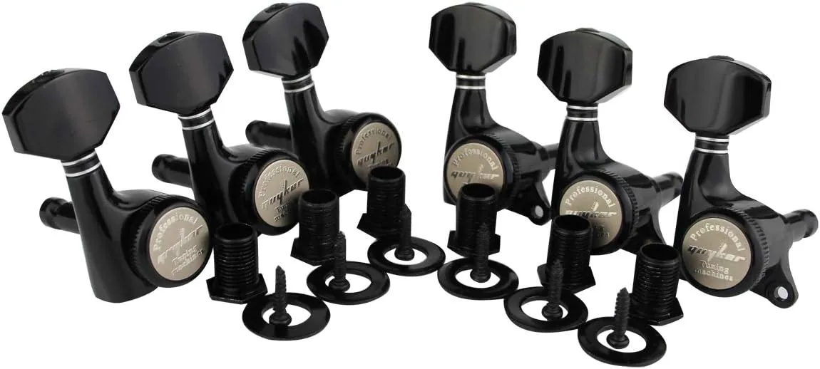 Guyker Guitar Locking Tuners (6 Right Handed) - 1:18 Ratio Lock String Tuning Key Pegs Machine Heads with Hexagonal Handle Replacement for LP SG Style Electric, Folk or Acoustic Guitars - Black