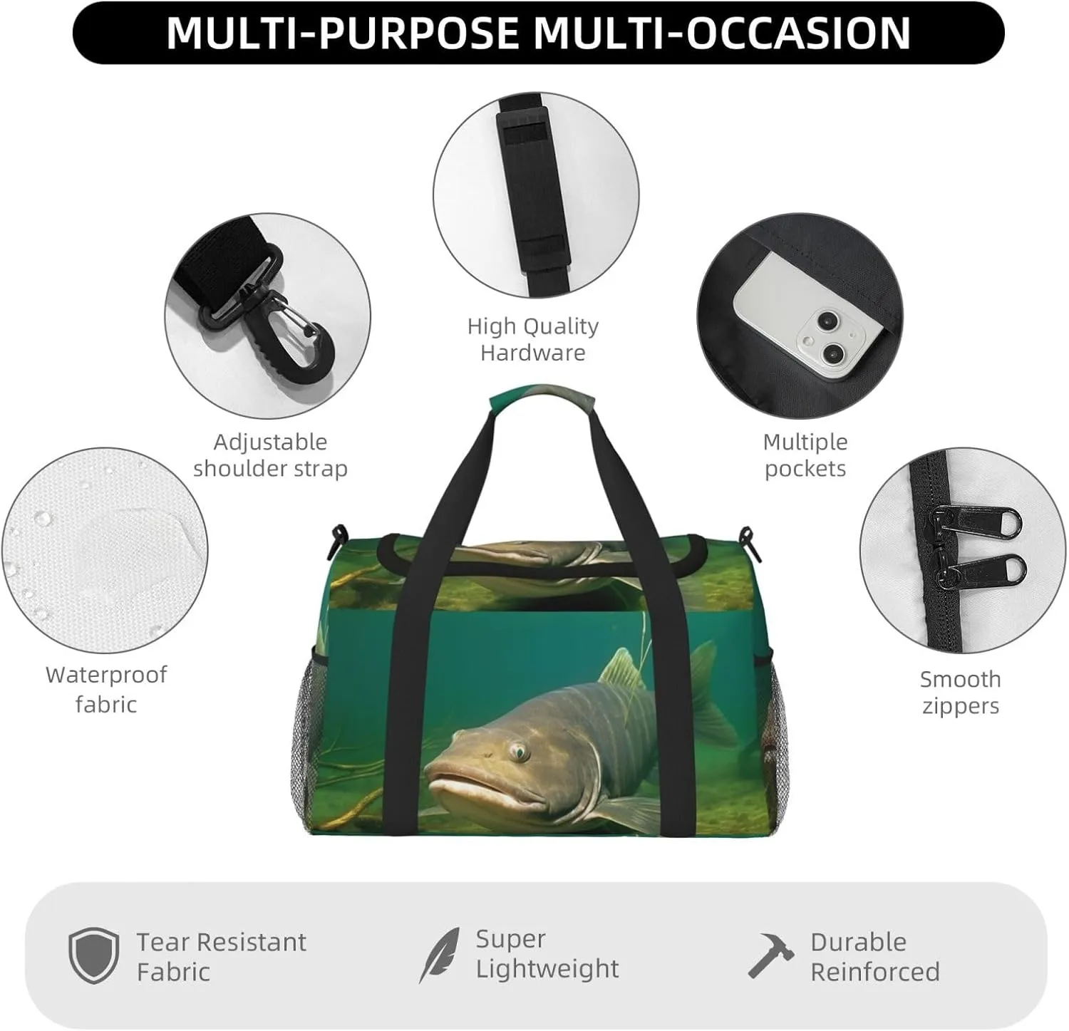 Gym Bag Underwater catfish Duffel Bag for Men Women Travel Overnight Bag with Shoe Compartment Workout Bags