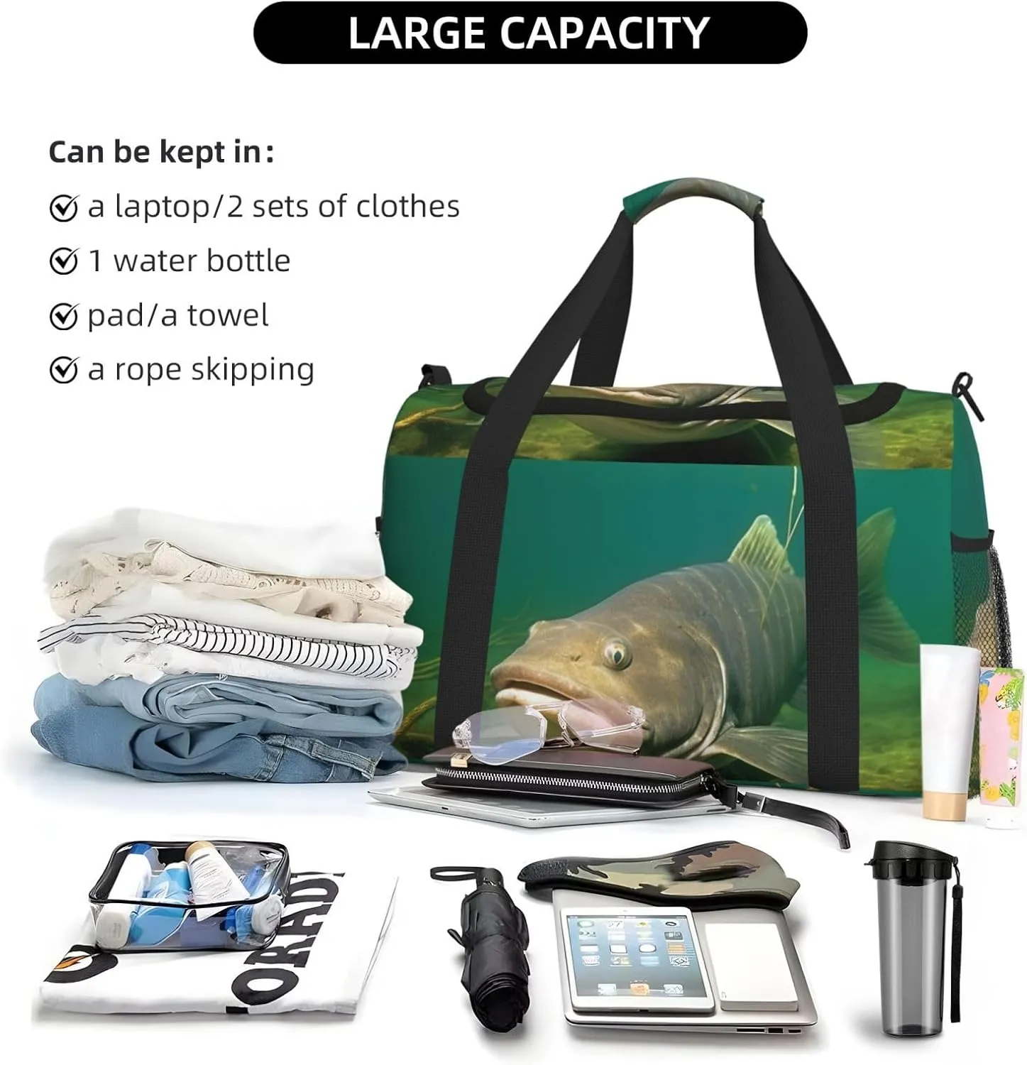 Gym Bag Underwater catfish Duffel Bag for Men Women Travel Overnight Bag with Shoe Compartment Workout Bags