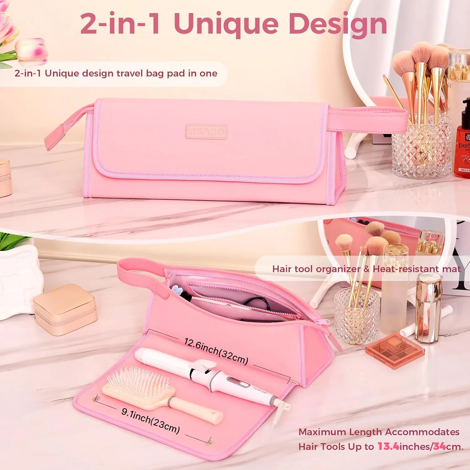 Hair Tools Travel Bag and Heat Resistant Mat, 2 in 1 Portable Organizer Hair Travel Case for Curling Iron, Hair Straightener, Flat Irons, PU Hangable Handle, Neoprene (Sweet Pink)