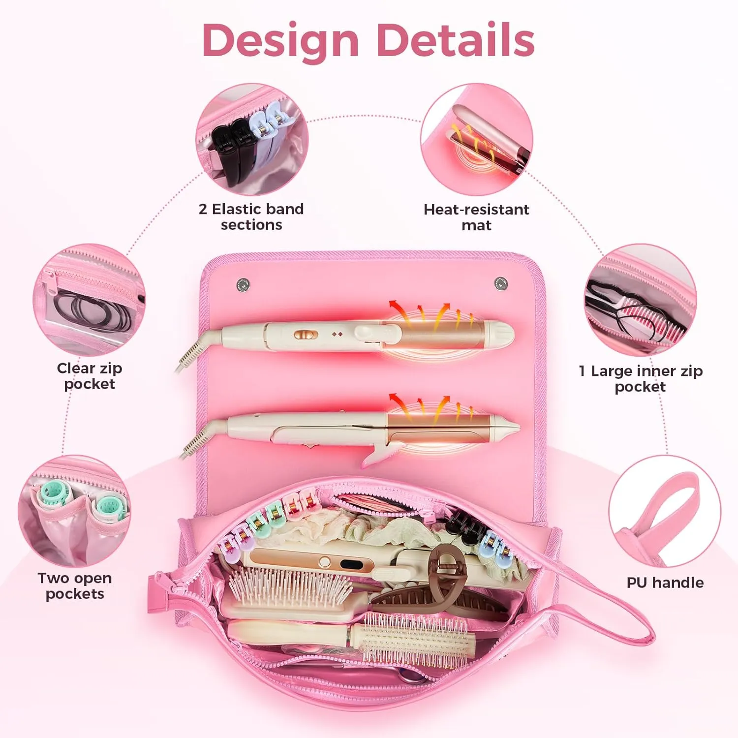 Hair Tools Travel Bag and Heat Resistant Mat, 2 in 1 Portable Organizer Hair Travel Case for Curling Iron, Hair Straightener, Flat Irons, PU Hangable Handle, Neoprene (Sweet Pink)
