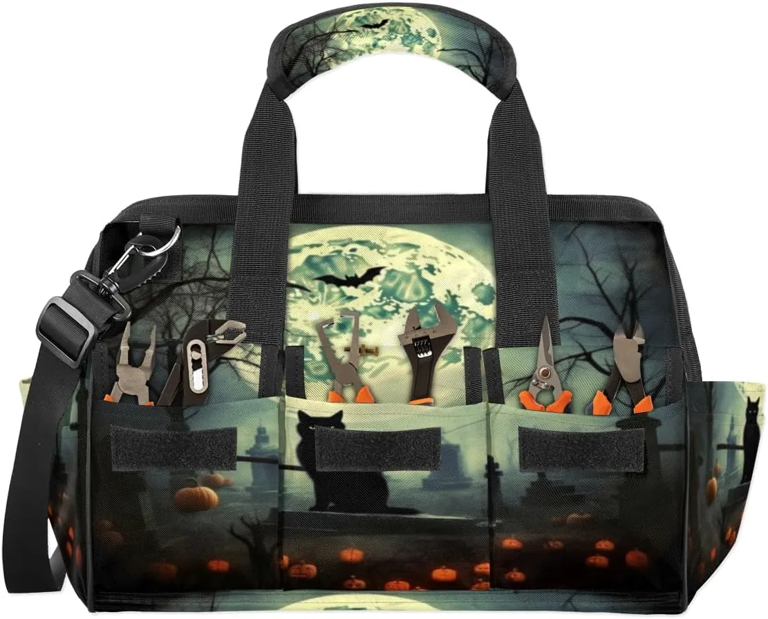 Halloween Pumpkin Cat Tombs Durable Tool Bag for Men with Multiple Pockets - Waterproof Oxford Cloth, Sturdy Zipper, Adjustable Shoulder Strap - Ideal for Woodworking, Maintenance, and Outdoor Activities
