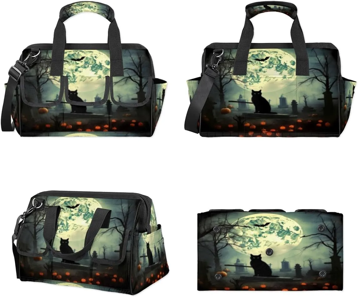 Halloween Pumpkin Cat Tombs Durable Tool Bag for Men with Multiple Pockets - Waterproof Oxford Cloth, Sturdy Zipper, Adjustable Shoulder Strap - Ideal for Woodworking, Maintenance, and Outdoor Activities