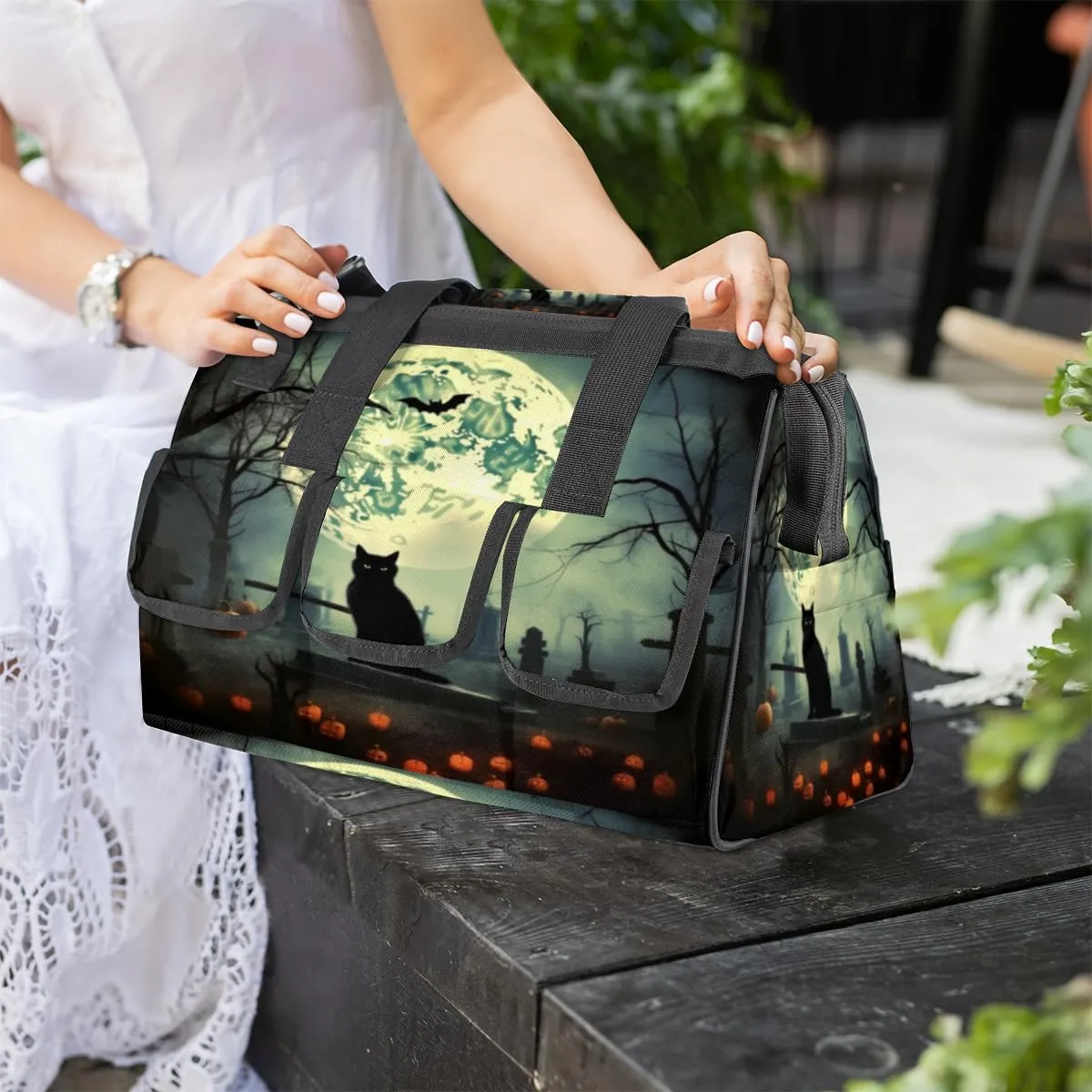 Halloween Pumpkin Cat Tombs Durable Tool Bag for Men with Multiple Pockets - Waterproof Oxford Cloth, Sturdy Zipper, Adjustable Shoulder Strap - Ideal for Woodworking, Maintenance, and Outdoor Activities