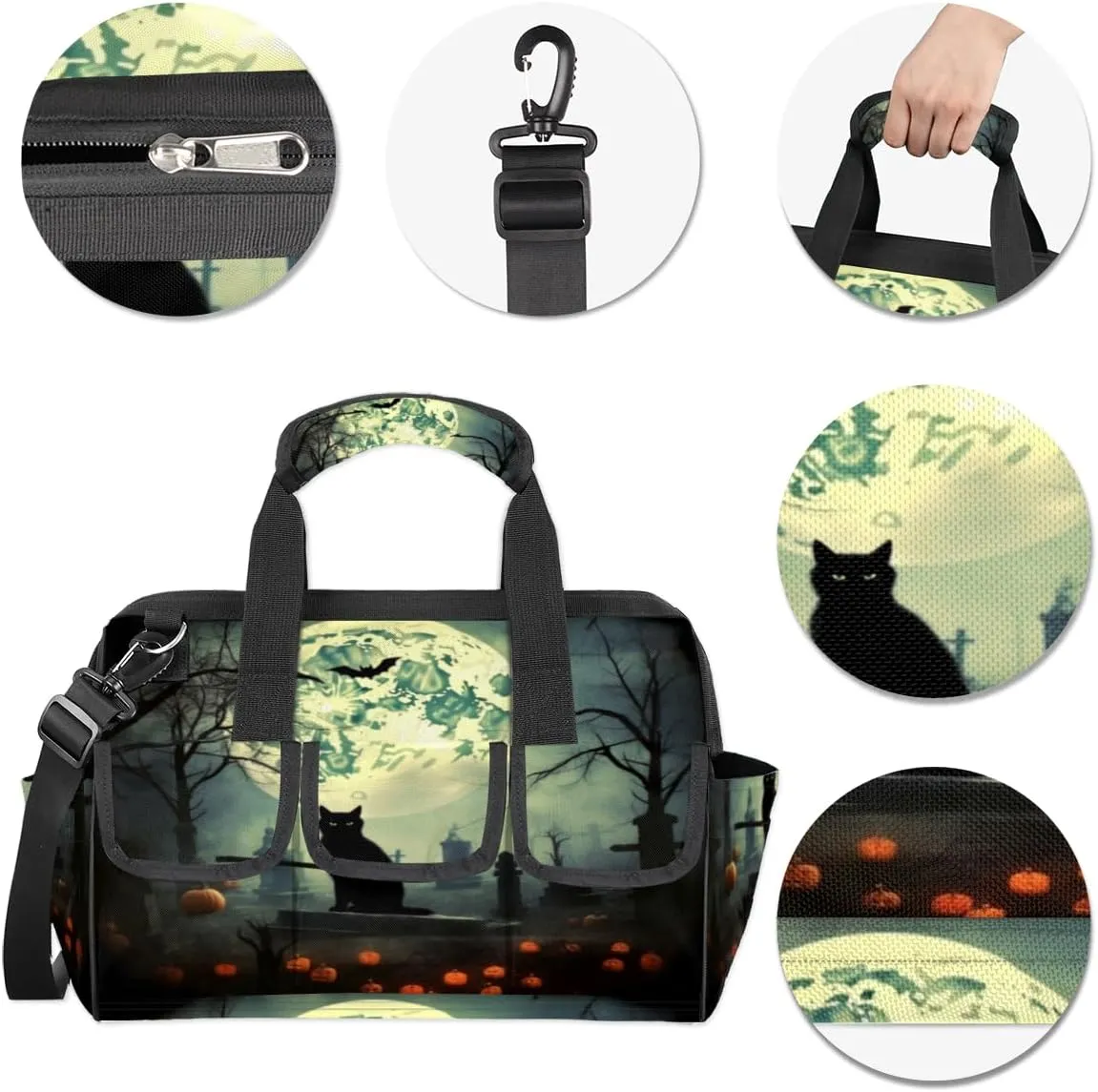 Halloween Pumpkin Cat Tombs Durable Tool Bag for Men with Multiple Pockets - Waterproof Oxford Cloth, Sturdy Zipper, Adjustable Shoulder Strap - Ideal for Woodworking, Maintenance, and Outdoor Activities
