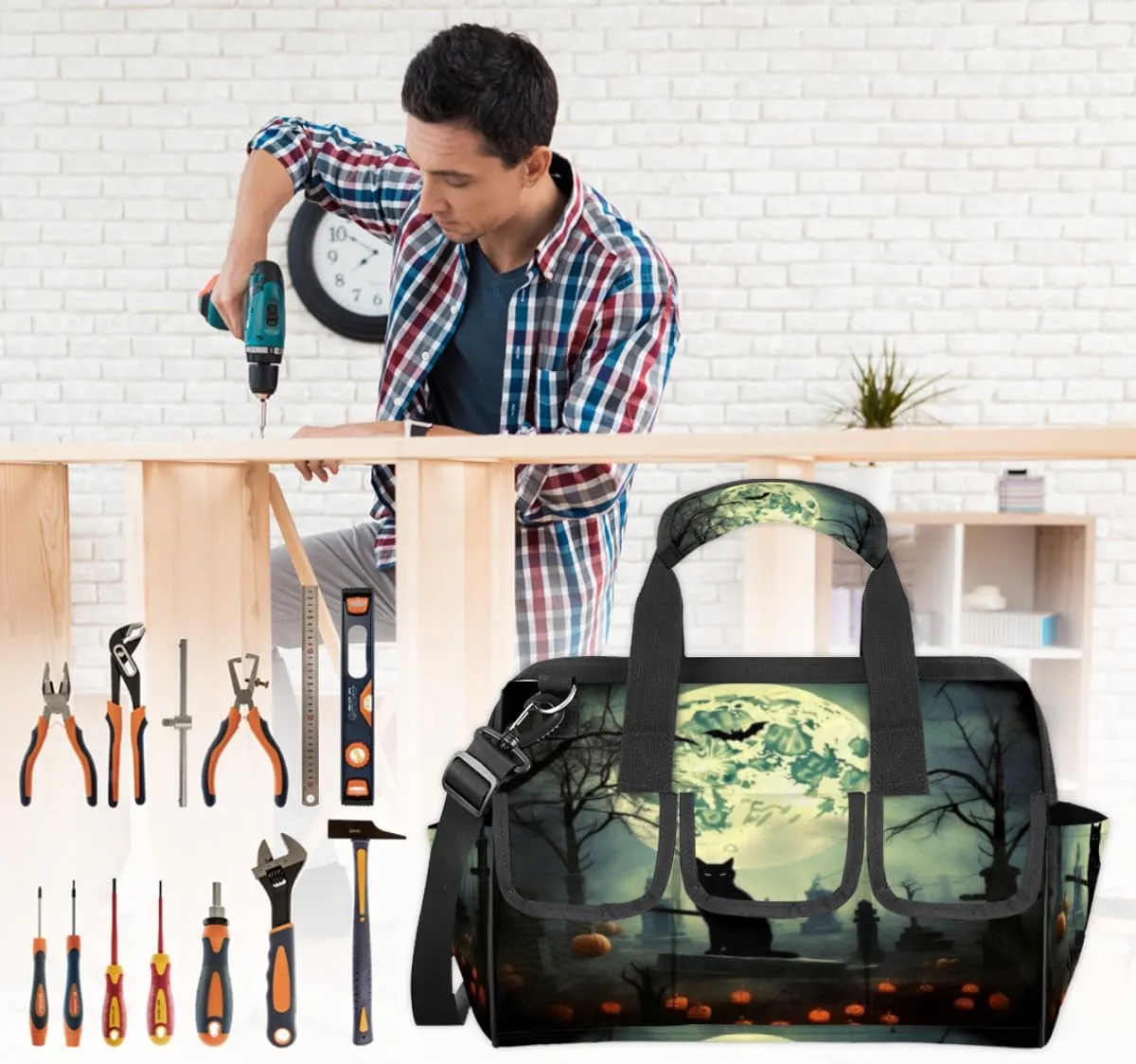 Halloween Pumpkin Cat Tombs Durable Tool Bag for Men with Multiple Pockets - Waterproof Oxford Cloth, Sturdy Zipper, Adjustable Shoulder Strap - Ideal for Woodworking, Maintenance, and Outdoor Activities