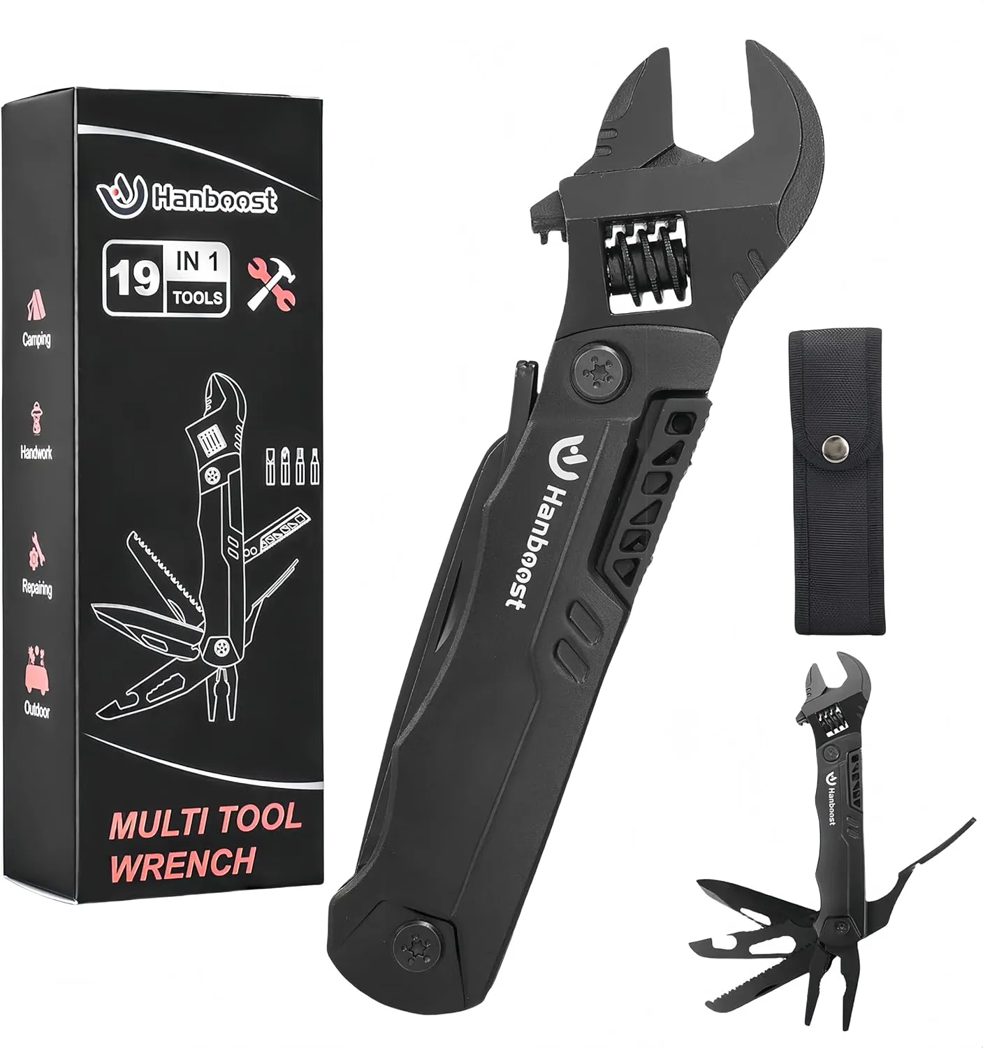 Hanboost M2 19 In 1 Multitool Adjustable Wrench with Pliers, Pocket Size, Screwdriver, Cutting Saw, Hex Wrench, Suitable for Maintenance, Camping and DIY, Gift for Dad