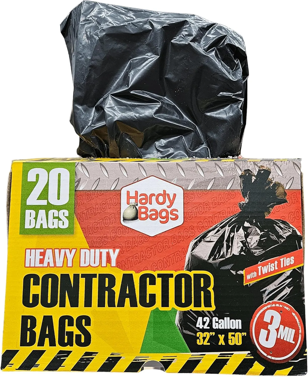 Hardy Bags Contractor Trash Bags – 42 Gallon Heavy-Duty, 3 Mil Thick, 20 Count Box, Extra Strong Construction, Tear & Puncture Resistant (Contractor, Pack of 1)