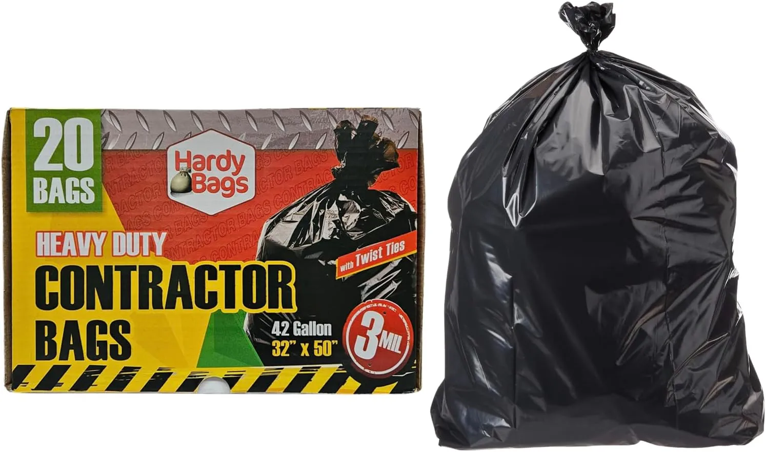 Hardy Bags Contractor Trash Bags – 42 Gallon Heavy-Duty, 3 Mil Thick, 20 Count Box, Extra Strong Construction, Tear & Puncture Resistant (Contractor, Pack of 1)