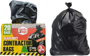 Hardy Bags Contractor Trash Bags – 42 Gallon Heavy-Duty, 3 Mil Thick, 20 Count Box, Extra Strong Construction, Tear & Puncture Resistant (Contractor, Pack of 1)