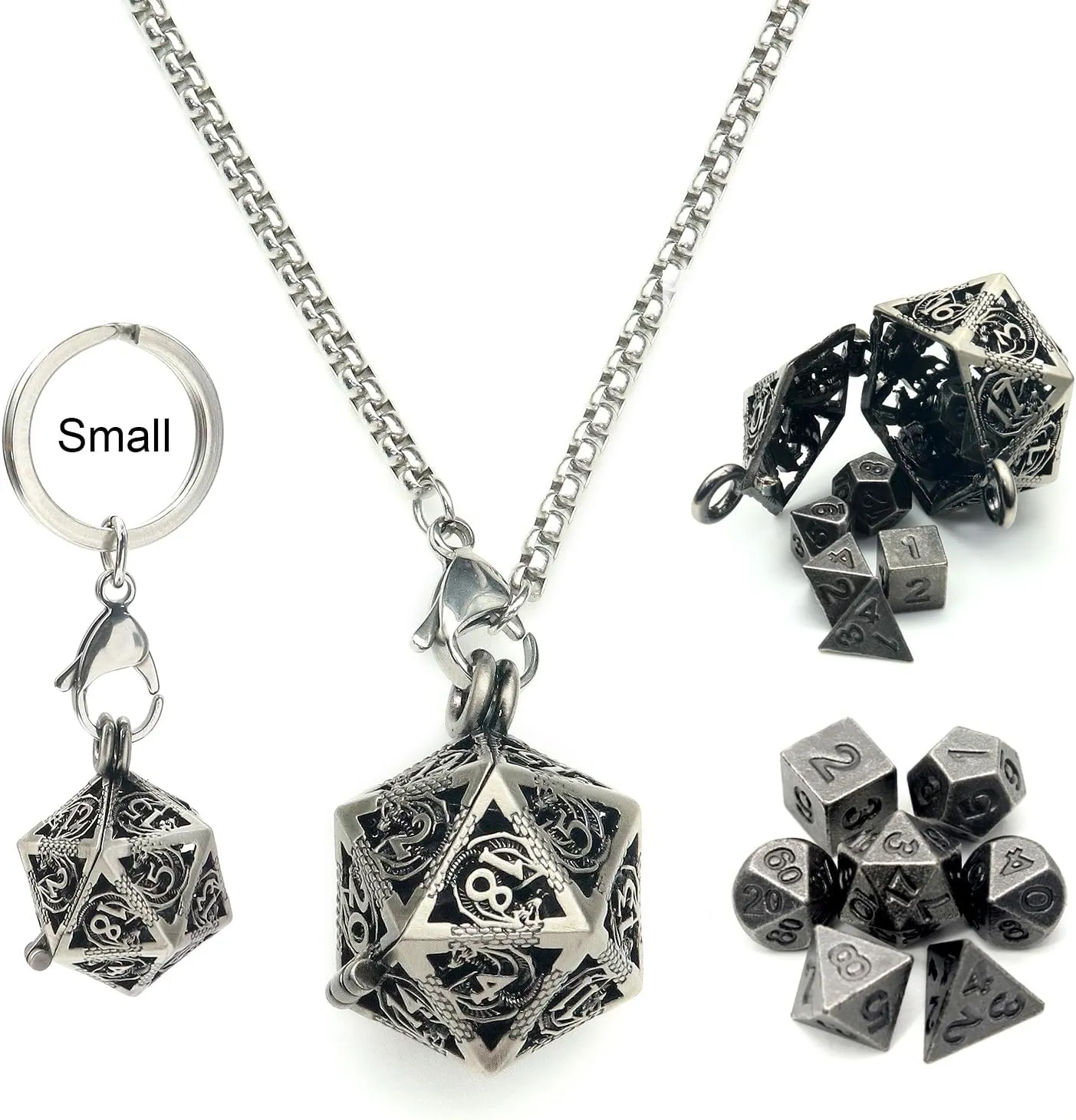 Haxtec Mini Metal D&D Dice Set with Hollow Necklace Case - 7PCS Keychain Portable