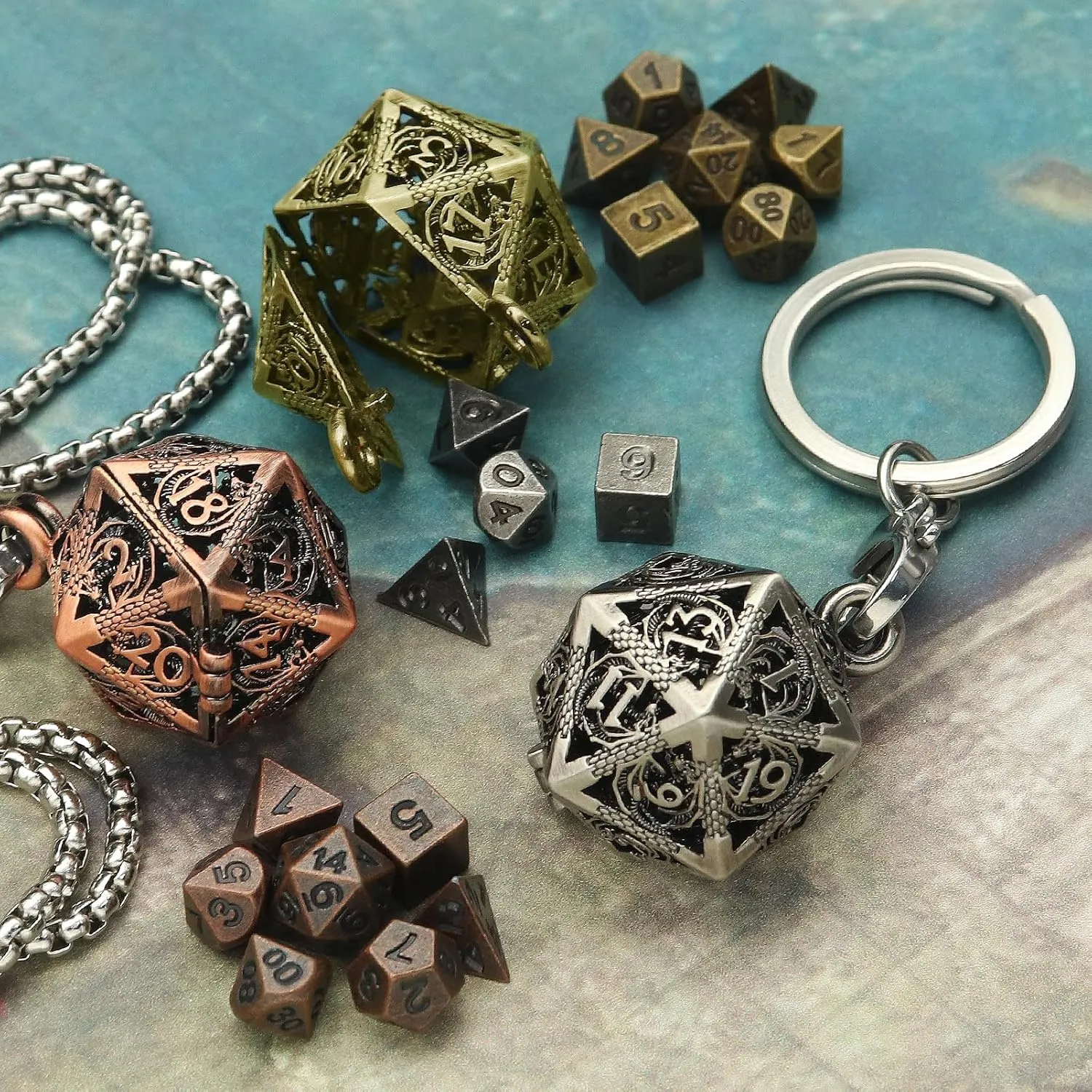 Haxtec Mini Metal D&D Dice Set with Hollow Necklace Case - 7PCS Keychain Portable