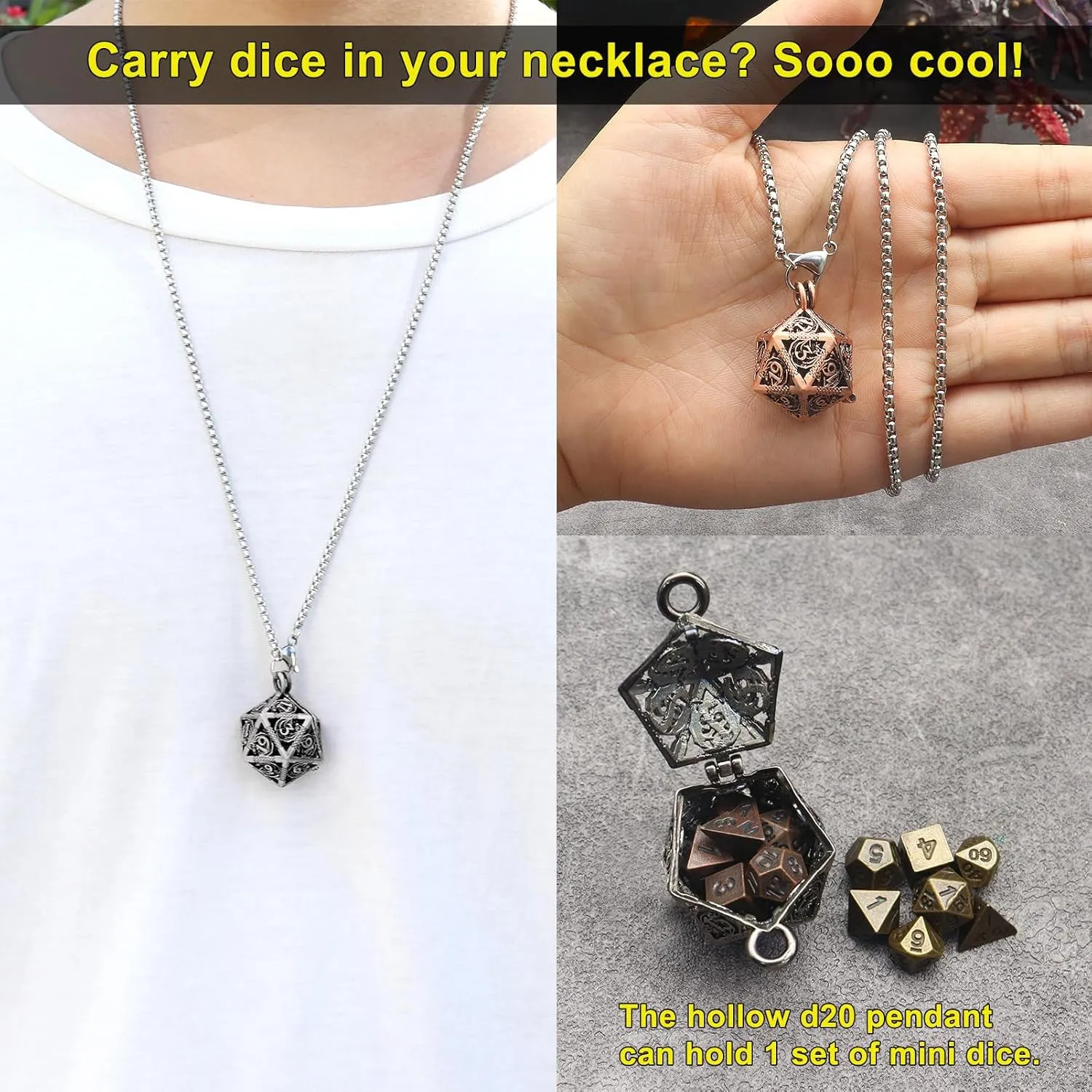 Haxtec Mini Metal D&D Dice Set with Hollow Necklace Case - 7PCS Keychain Portable