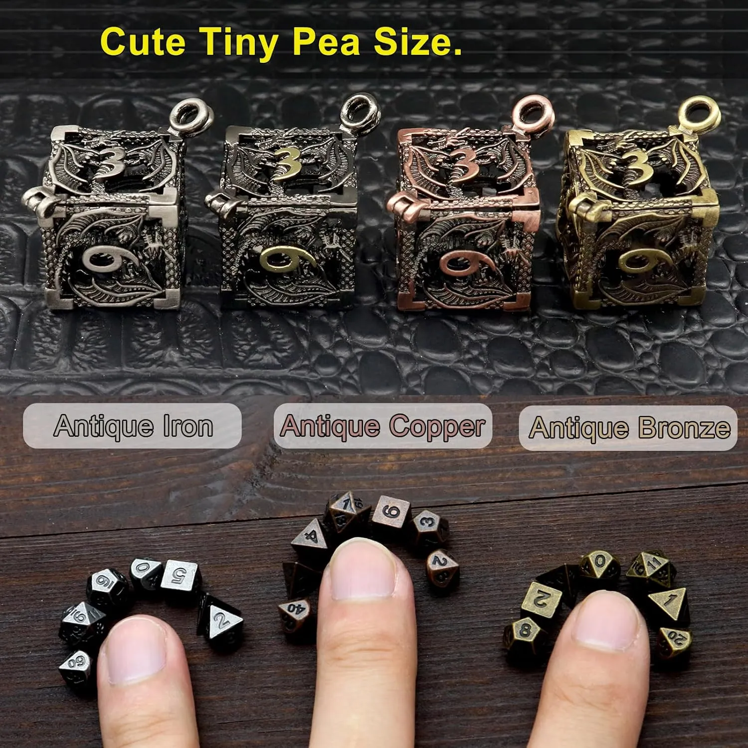Haxtec Mini Metal DND Dice Set with Hollow Necklace Dice Case Antique Tiny Metal Dice Set D&D Keychain Portable 7PCS Dice Set