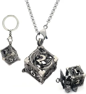 Haxtec Mini Metal DND Dice Set with Hollow Necklace Dice Case Antique Tiny Metal Dice Set D&D Keychain Portable 7PCS Dice Set