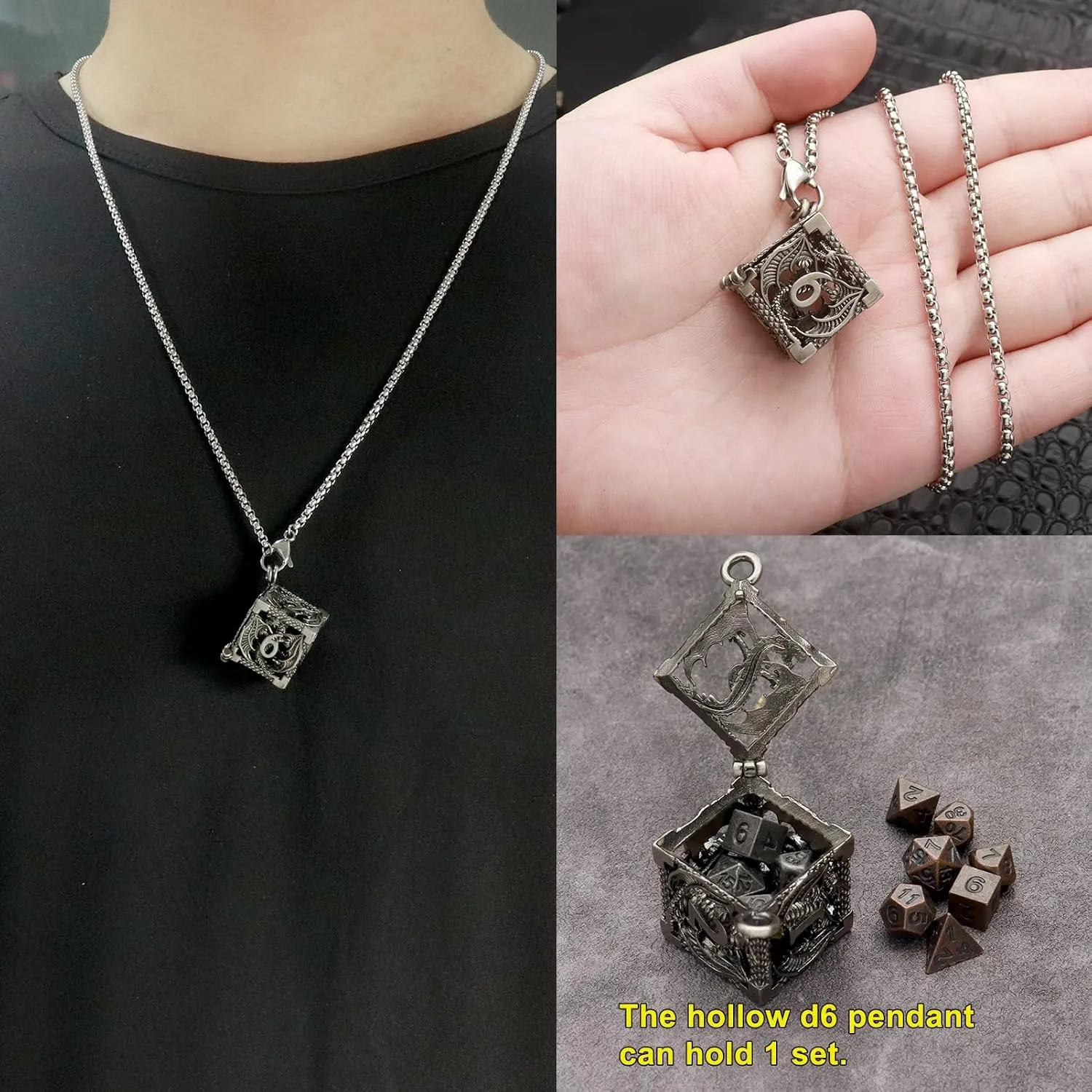 Haxtec Mini Metal DND Dice Set with Hollow Necklace Dice Case Antique Tiny Metal Dice Set D&D Keychain Portable 7PCS Dice Set