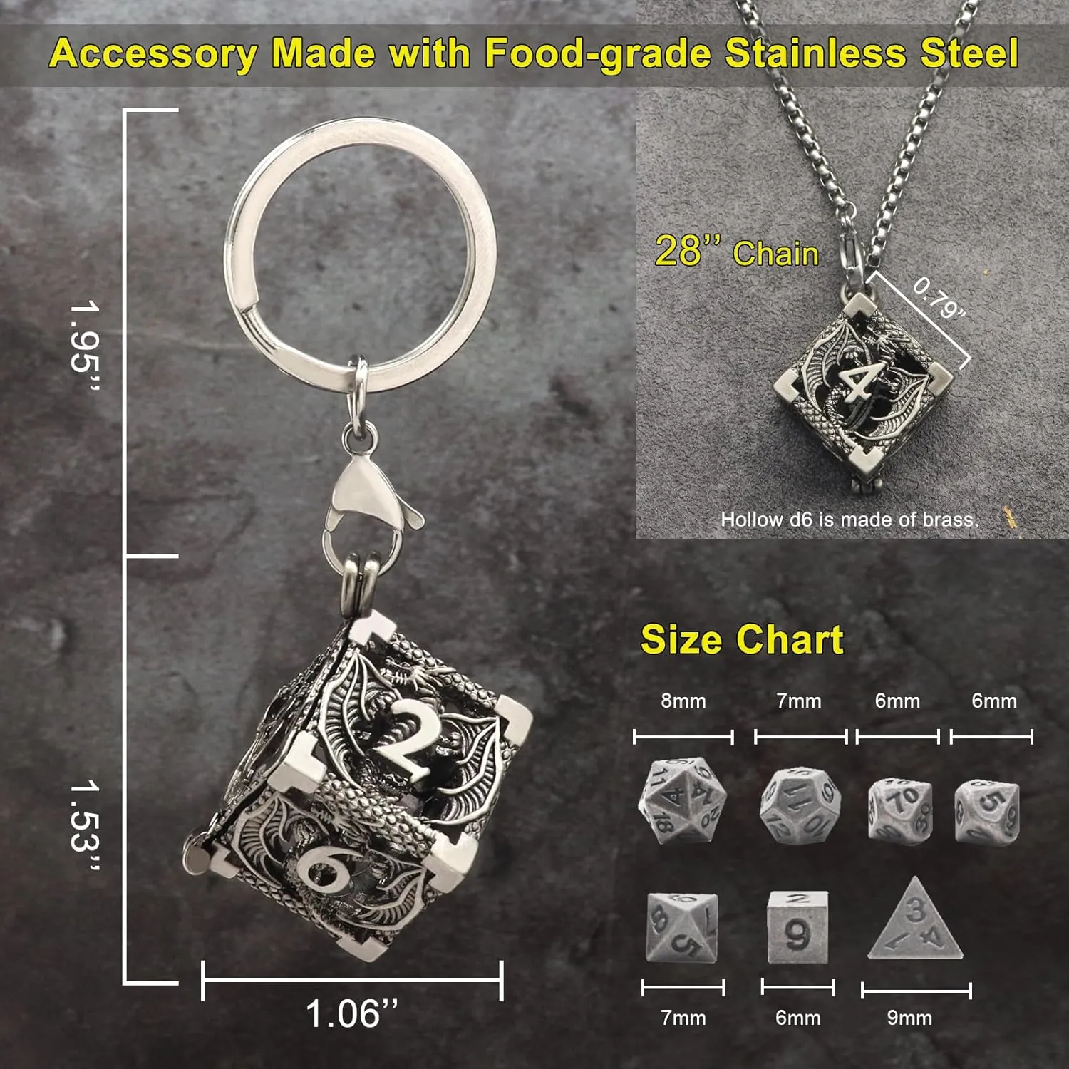 Haxtec Mini Metal DND Dice Set with Hollow Necklace Dice Case Antique Tiny Metal Dice Set D&D Keychain Portable 7PCS Dice Set