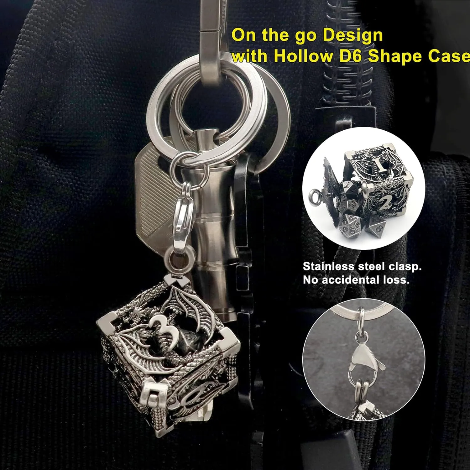 Haxtec Mini Metal DND Dice Set with Hollow Necklace Dice Case Antique Tiny Metal Dice Set D&D Keychain Portable 7PCS Dice Set