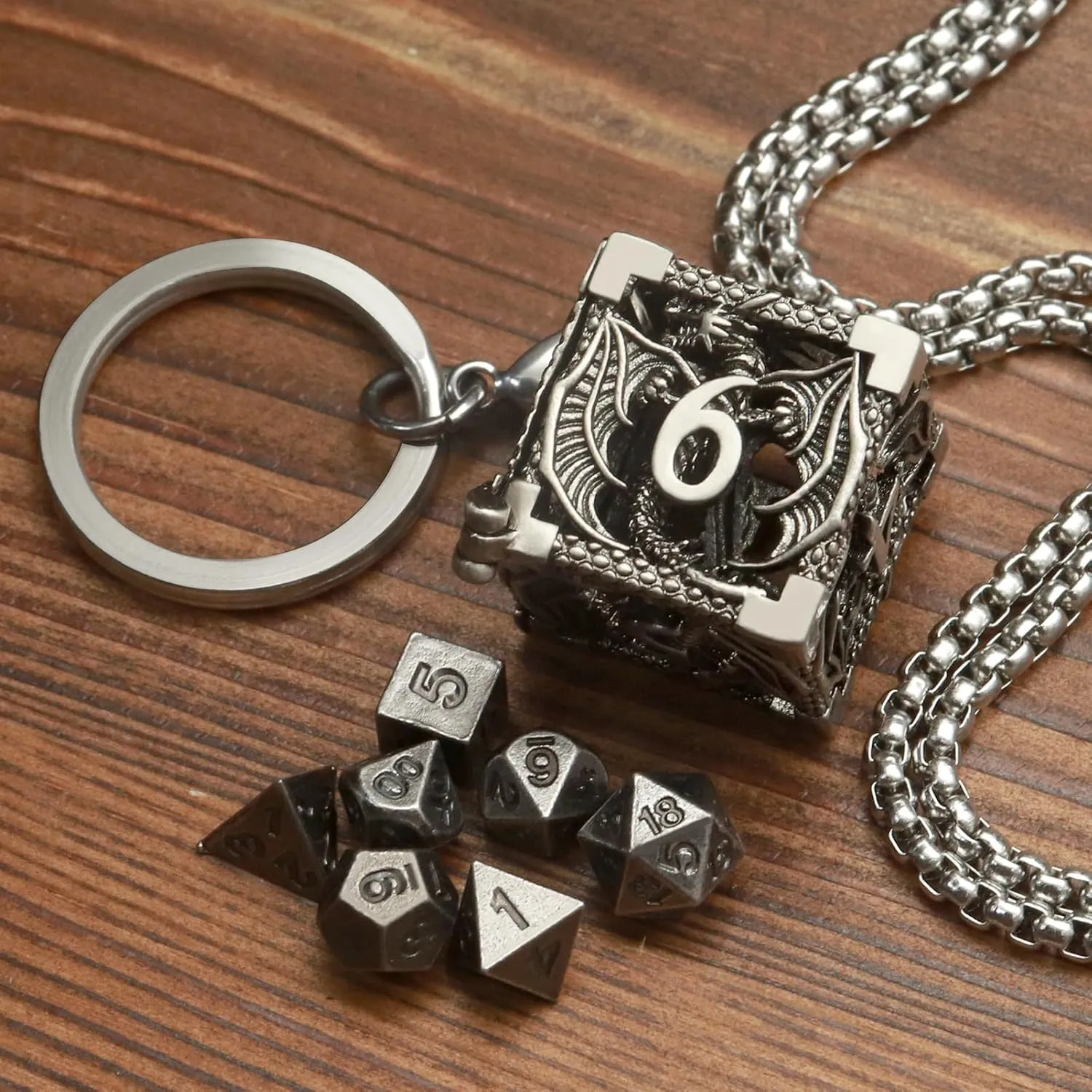 Haxtec Mini Metal DND Dice Set with Hollow Necklace Dice Case Antique Tiny Metal Dice Set D&D Keychain Portable 7PCS Dice Set