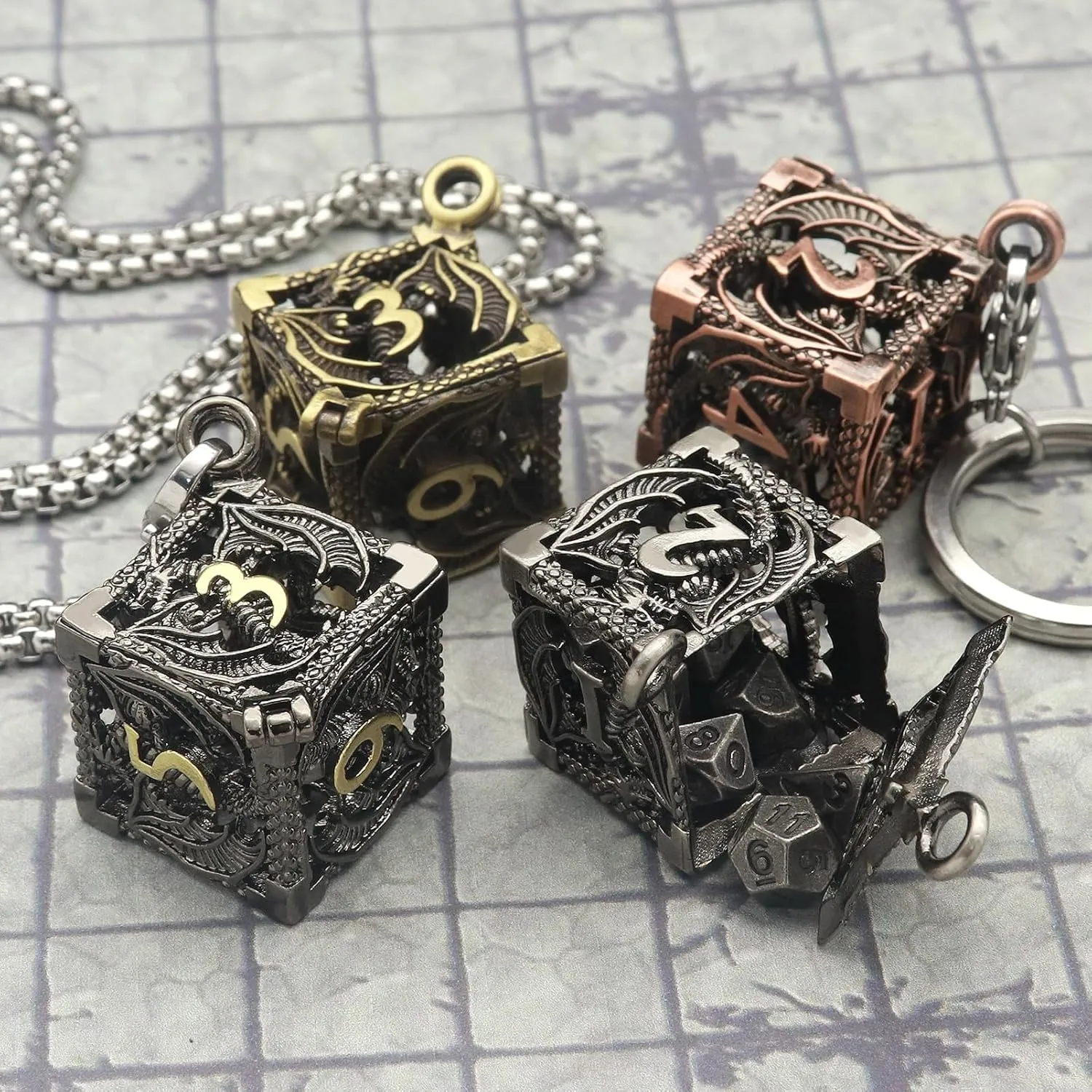Haxtec Mini Metal DND Dice Set with Hollow Necklace Dice Case Antique Tiny Metal Dice Set D&D Keychain Portable 7PCS Dice Set