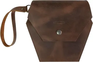 Heather's, Hexagonal Shaped Clutch Bag with Wristlet for Women, Travel Handbag for Makeup and Toiletry Items, Handmade, Full Grain Leather, Bourbon Brown