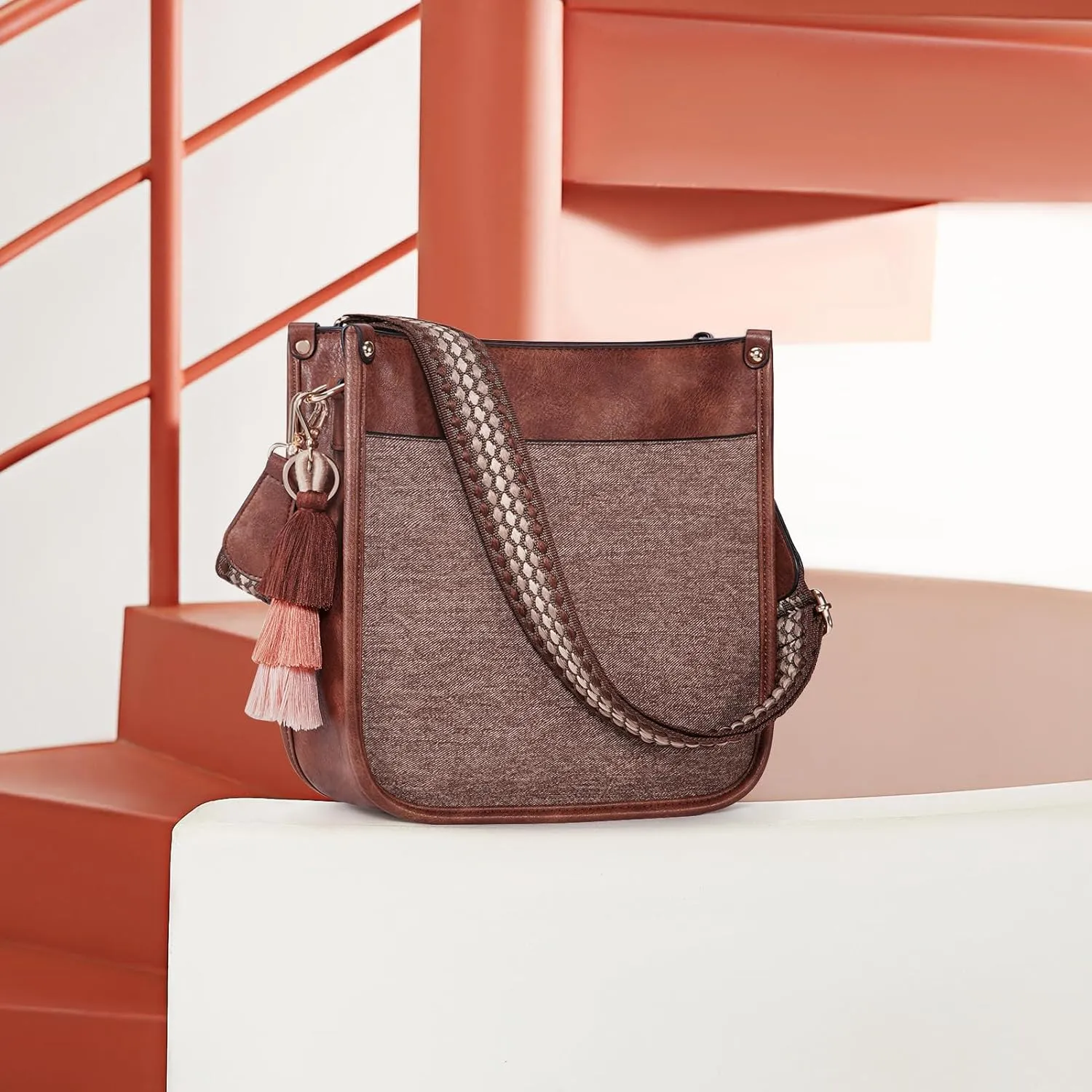 HKCLUF Vegan Leather Crossbody Bags Purse for Women Trendy Tassel Hobo Handbag Women With 2PCS Adjustable Guitar Strap