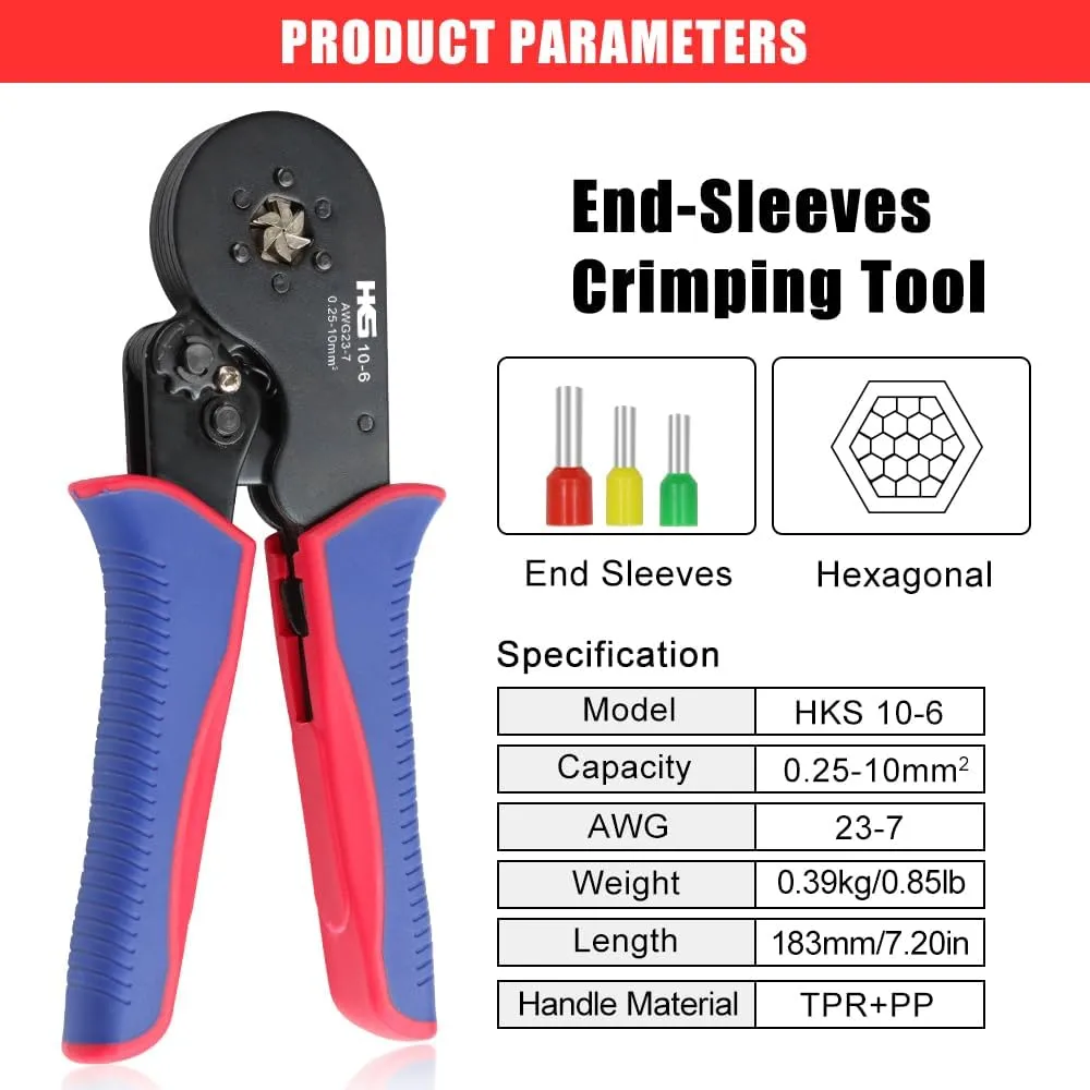 HKS Ferrule Crimping Tool Kit - Hexagonal Ferrule Crimper Plier (AWG 23-7) with Wire Stripper & 1900pcs Wire End-Sleeves Terminals Kit