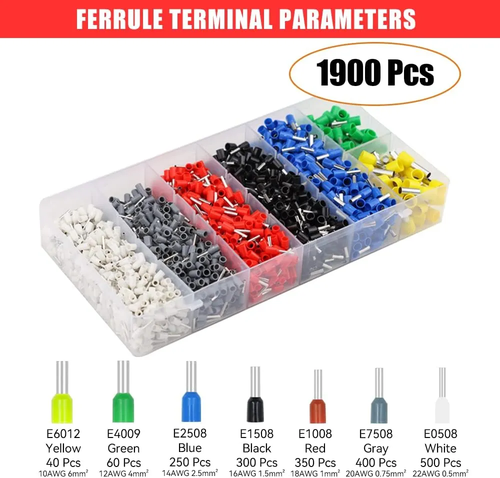 HKS Ferrule Crimping Tool Kit - Hexagonal Ferrule Crimper Plier (AWG 23-7) with Wire Stripper & 1900pcs Wire End-Sleeves Terminals Kit