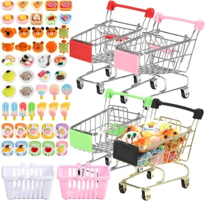 HNYYZL 4pcs Toys Mini Supermarket Handcart 50pcs Miniature Food 2pcs Mini Shopping Cart Basket Desk Storage Toys Holder for Party Doll House Store Cosplay Game