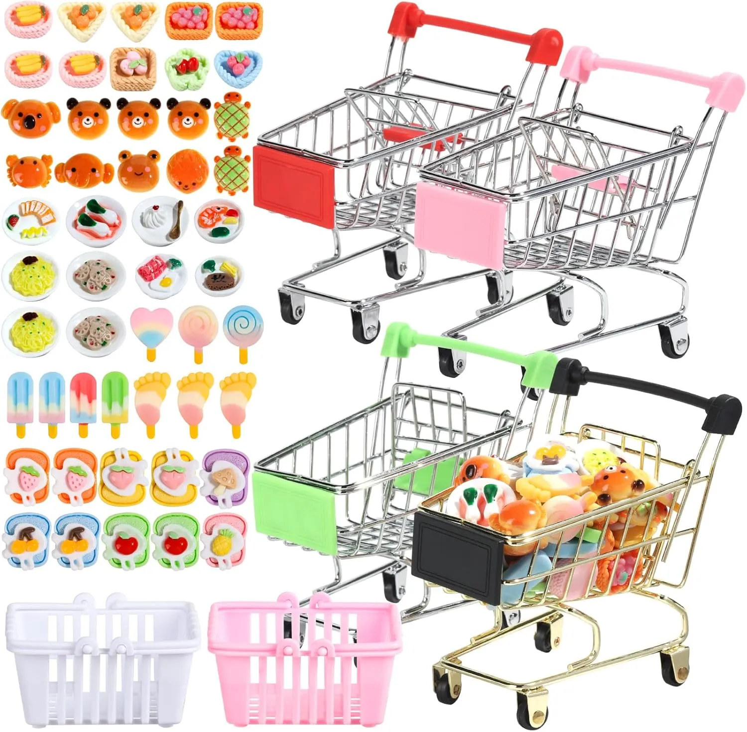 HNYYZL 4pcs Toys Mini Supermarket Handcart 50pcs Miniature Food 2pcs Mini Shopping Cart Basket Desk Storage Toys Holder for Party Doll House Store Cosplay Game