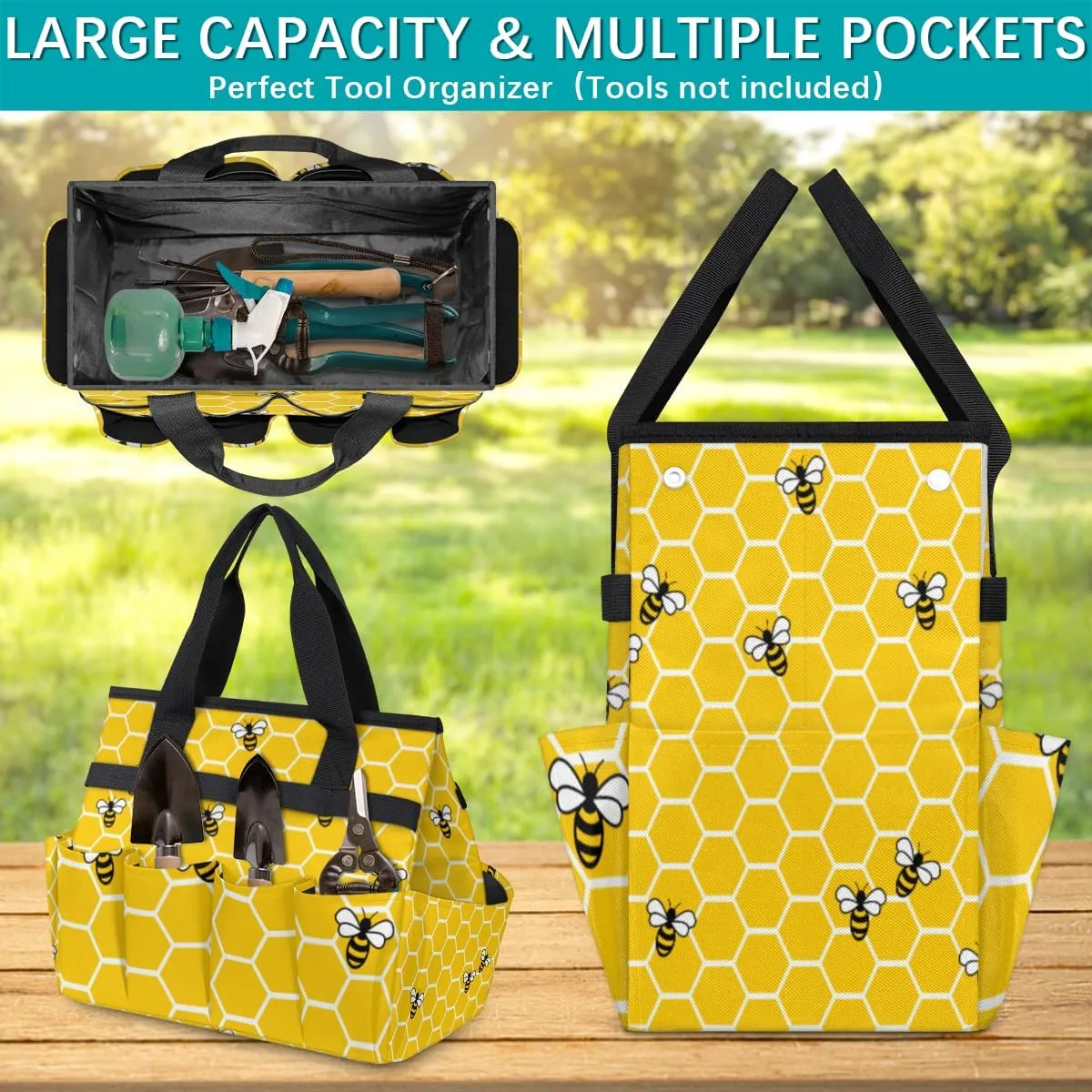 Honey Bees Garden Tool Bag, Garden Tote Bag, Portable Garden Tool Bags Heavy Duty, Multi-Pocket Garden Totes with Handles for Outdoor Garden Lawn Yard