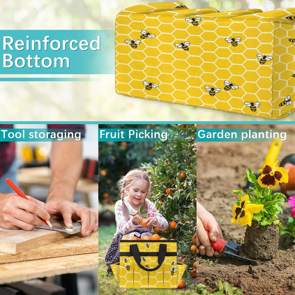 Honey Bees Garden Tool Bag, Garden Tote Bag, Portable Garden Tool Bags Heavy Duty, Multi-Pocket Garden Totes with Handles for Outdoor Garden Lawn Yard
