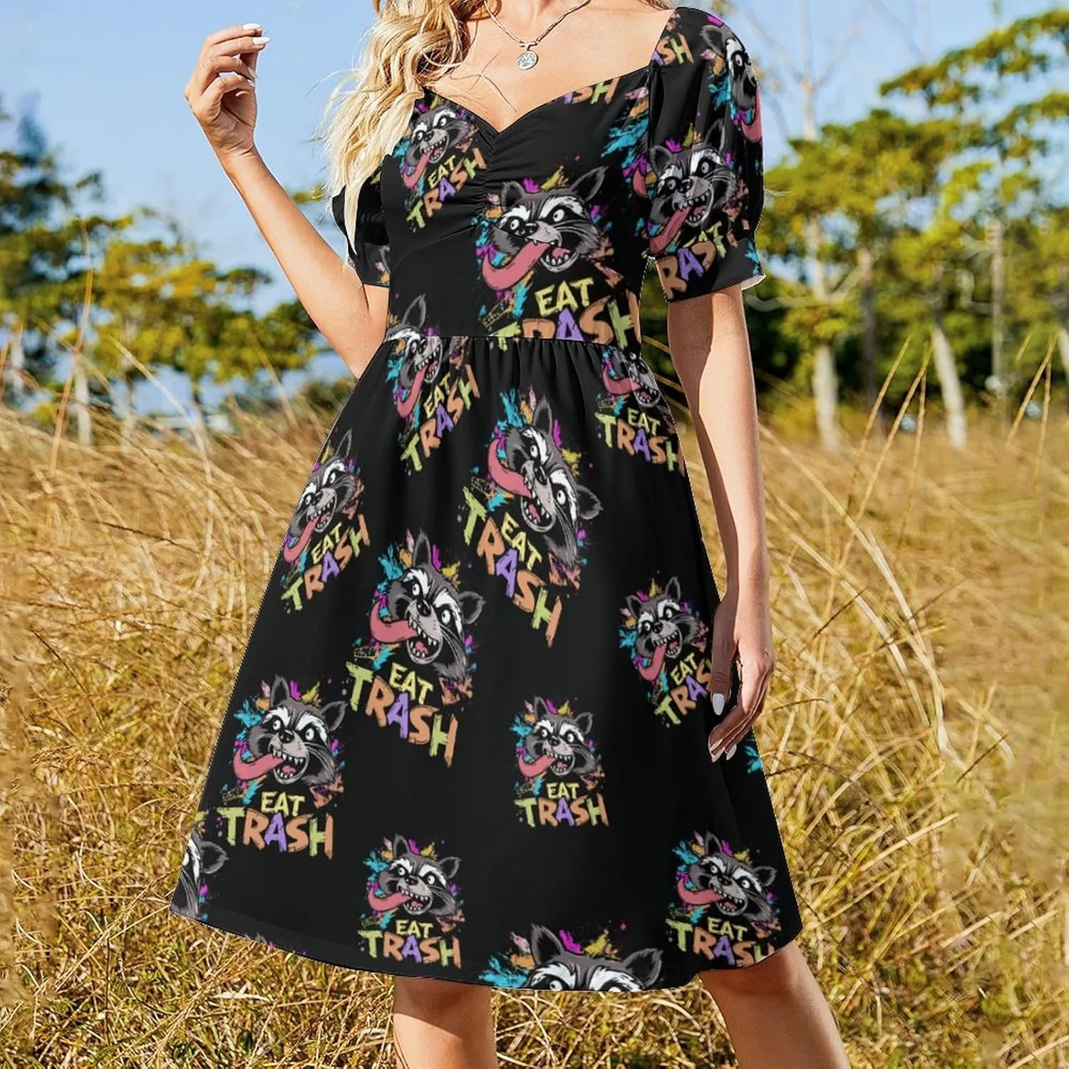 Hooligan Raccoon Eat Garbage Midi Dresses for Women V Neck Puff Short Sleeve Sundress