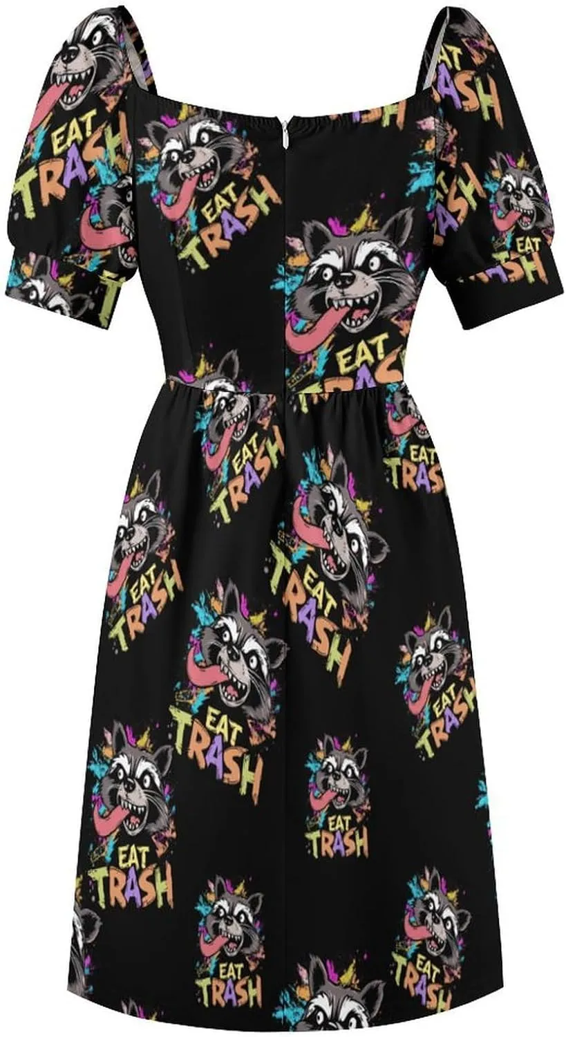 Hooligan Raccoon Eat Garbage Midi Dresses for Women V Neck Puff Short Sleeve Sundress