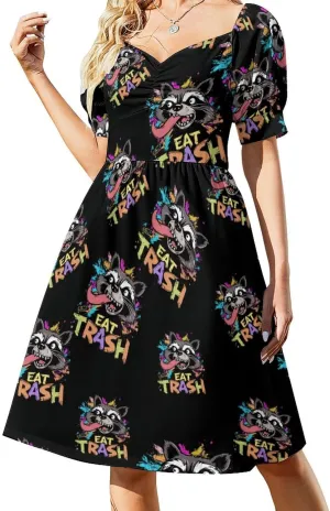 Hooligan Raccoon Eat Garbage Midi Dresses for Women V Neck Puff Short Sleeve Sundress