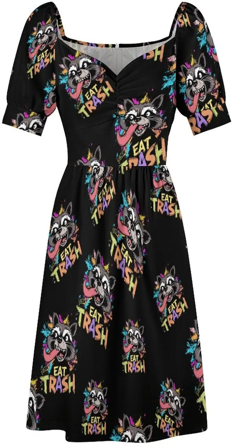 Hooligan Raccoon Eat Garbage Midi Dresses for Women V Neck Puff Short Sleeve Sundress