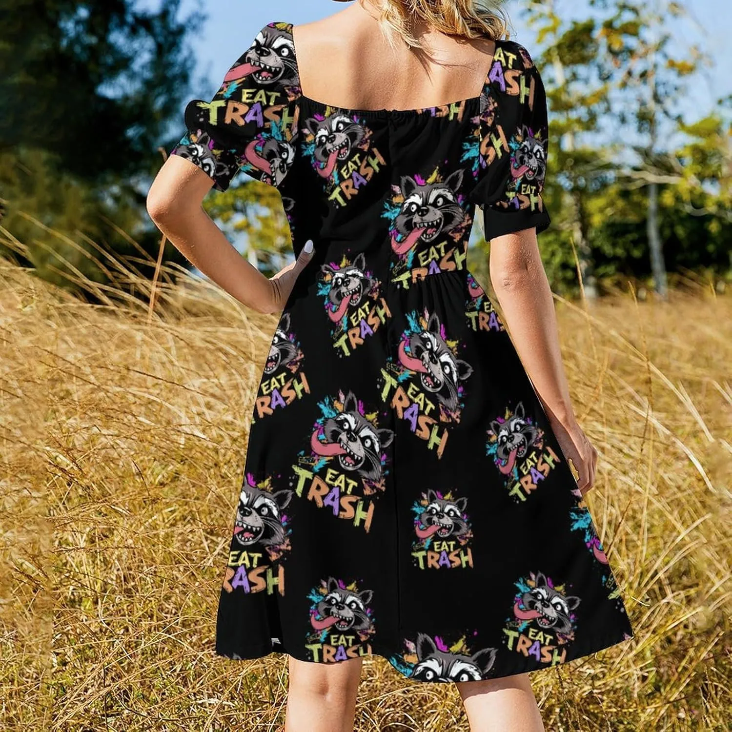 Hooligan Raccoon Eat Garbage Midi Dresses for Women V Neck Puff Short Sleeve Sundress