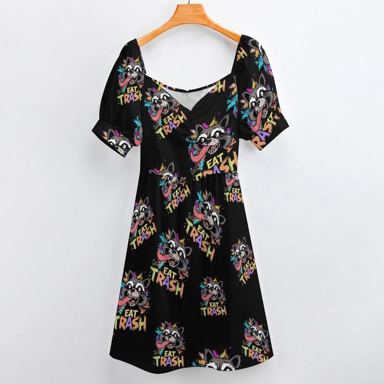 Hooligan Raccoon Eat Garbage Midi Dresses for Women V Neck Puff Short Sleeve Sundress