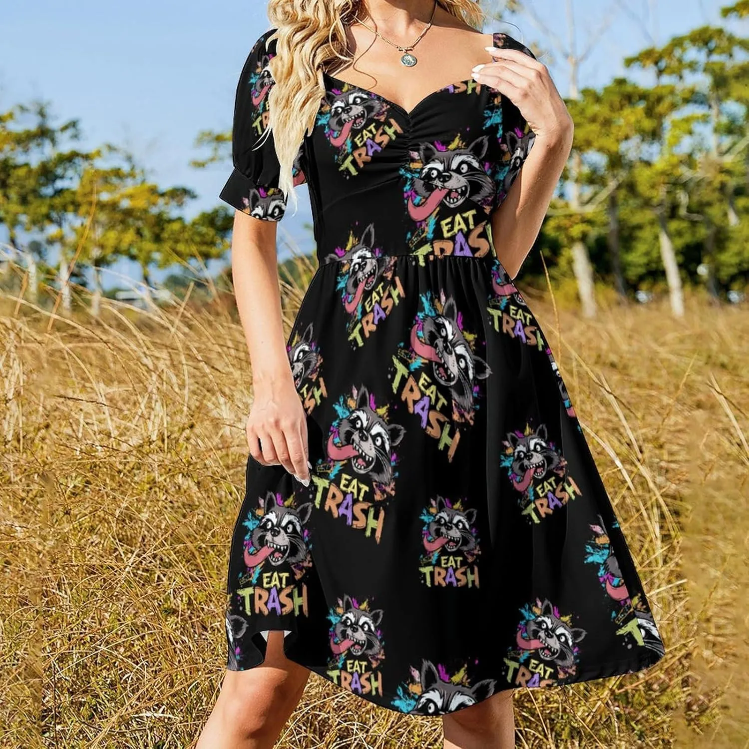Hooligan Raccoon Eat Garbage Midi Dresses for Women V Neck Puff Short Sleeve Sundress