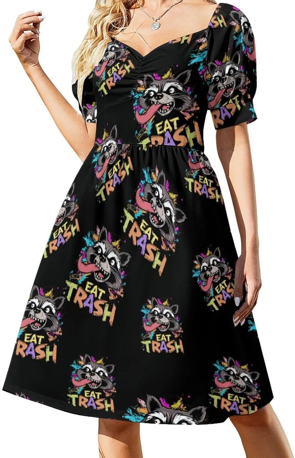 Hooligan Raccoon Eat Garbage Midi Dresses for Women V Neck Puff Short Sleeve Sundress