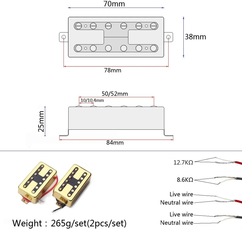 Humbucker Guitar Pickup Double Coil Pickup Set H Style Neck and Bridge Pickups Compatible with Les Paul LP Style Electric Guitar Replacement (Gold)