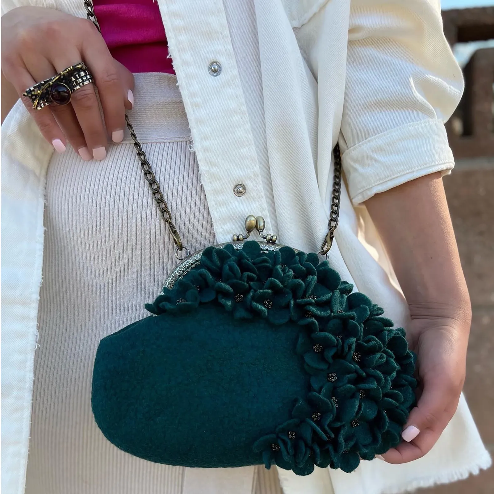 Hunter Green Victorian Style Floral Wool Crossbody